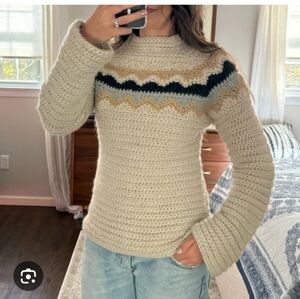 J. Crew Cream Crochet Turtleneck Sweater with Navy, Tan and Gray Pattern